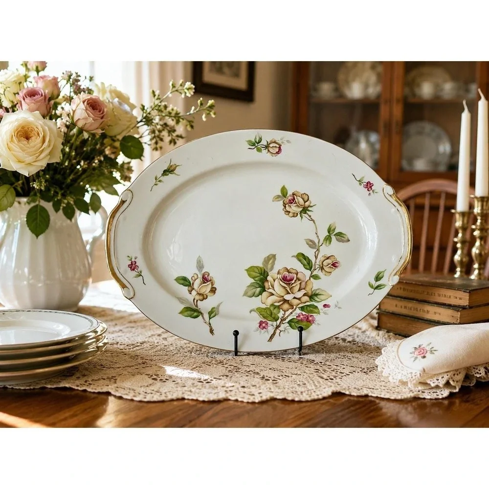 Vtg China Platter Gold Trim Oval Cottage core Grannycore Lynmore Golden Rose MCM